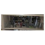 Shelf lot of kitchen items. Buyer takes what they
