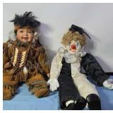 Ceramic Indian and clown dolls. 21ins and 26ins.