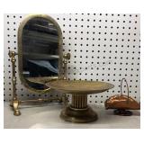 Brass Mirror, Pedestal  & Small Copper Basket