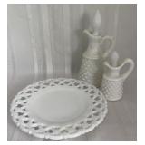 Fenton Hobnail Cruets $ Westmoreland Lace Platter
