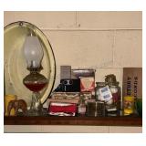 Shelf Lot Oil Lamp, Cigar Boxes & More