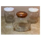 Glass cookie Jars / Canisters Plastic & Wood Lids