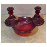 Ruby Red Candle Holders & Candy Dish