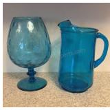 Vintage Blue Glass Pitcher & Large Goblet