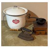 Enamel Pot, Antique Coffee Grinder & Iron