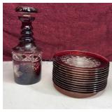 Vintage cranberry cut to clear decanter & desert