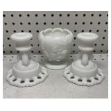 Milk Glass Candle Holders & Footed Bowl