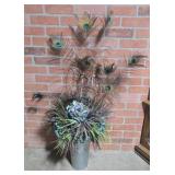Decorative Pail of Faux Greenery & Peacock