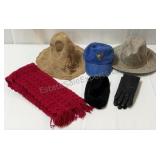 3 summer hats, scarf , gloves, and head wrap
