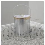 Midcentury Frosted Foliage Glassware & Ice Bucket