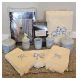 Blue Bathroom Accessories. Shower Curtain, Towel,