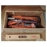 Wooden Box w/Pipe Wrenches/Contents