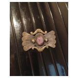Unique Brooch Mexico Hand Stamped w/Purple Stone