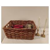 Brass Candlestick Holders and Basket of Assorted