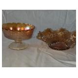 Marigold carnival glass dishes. 4ï¿½x3 and 7x2.