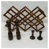 Wood salt shaker, pepper grinder 2 candle holders
