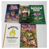 Camping gear, books and camp light.