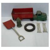 Vintage metal truck and shovel, rubber tire and
