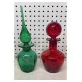 10.5 & 8 inch Colored Glass Decanters Ground lids