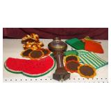 Weather station & vintage crochet potholders