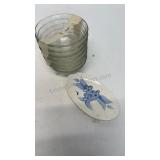 7 glass bowls and a deco ceramic plate