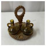vintage amber glass and wood oil and vinegar