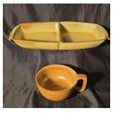 Frankoma coffee mug and divided relish dish.