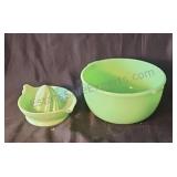 Jadeite juicer and green milk glass mixing bowl