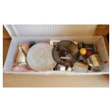 Tote of kitchen and household items
