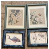 4pc Framed Wall Art: Fish, Birds, Plants