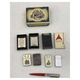 4pc Zippo Lighters, Pen, Tin