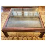 Smoked Beveled Glass Top Wooden Frame Coffee Table
