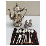 Silver Plate Shakers, Teapot, Teaspoons