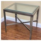 Antiqued Silver Metal Base Glass Top End Table