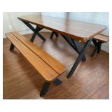 8' Wooden Picnic Style Table W/ Plank Bench Seats