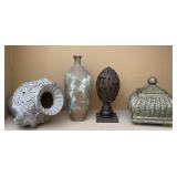 4pc Decor: Vase, Metal Acorn, Lidded Pot, Vase