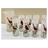8pc Vintage Frosted Cardinal Glasses, Pitcher