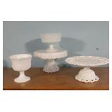 Milk glass pedestal dishes, cake risers (4)