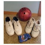 Bowling ball, shoes, wrist guard
