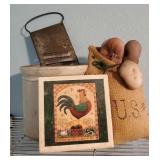 Crock, grater, potato sack, trivet