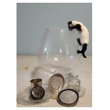 Cat fish bowl, pet milk can opener, ink well,