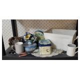 Canvas tote, tins, eyeglasses, curling iron, frame