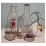 Milk bottles, chickens, cookie & biscuit cutters
