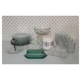 Assorted glassware, candle, butter dishes, mugs,