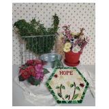 Flower pots, wire basket, stepping stone