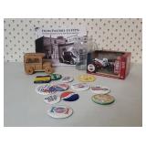 Pepsi book, wooden bank, buttons, glass, gas pump