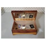 Vintage jewelry box of advertising pins, Shelley,