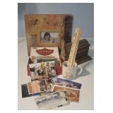 Cigar box of postcards, log cabin,