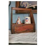 Vintage wooden Pepsi bottle holder, paper cups