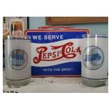 Pepsi Cola lunchbox, glasses
